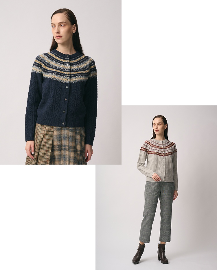 フェアイルケーブルニットカーディガンを着た女性