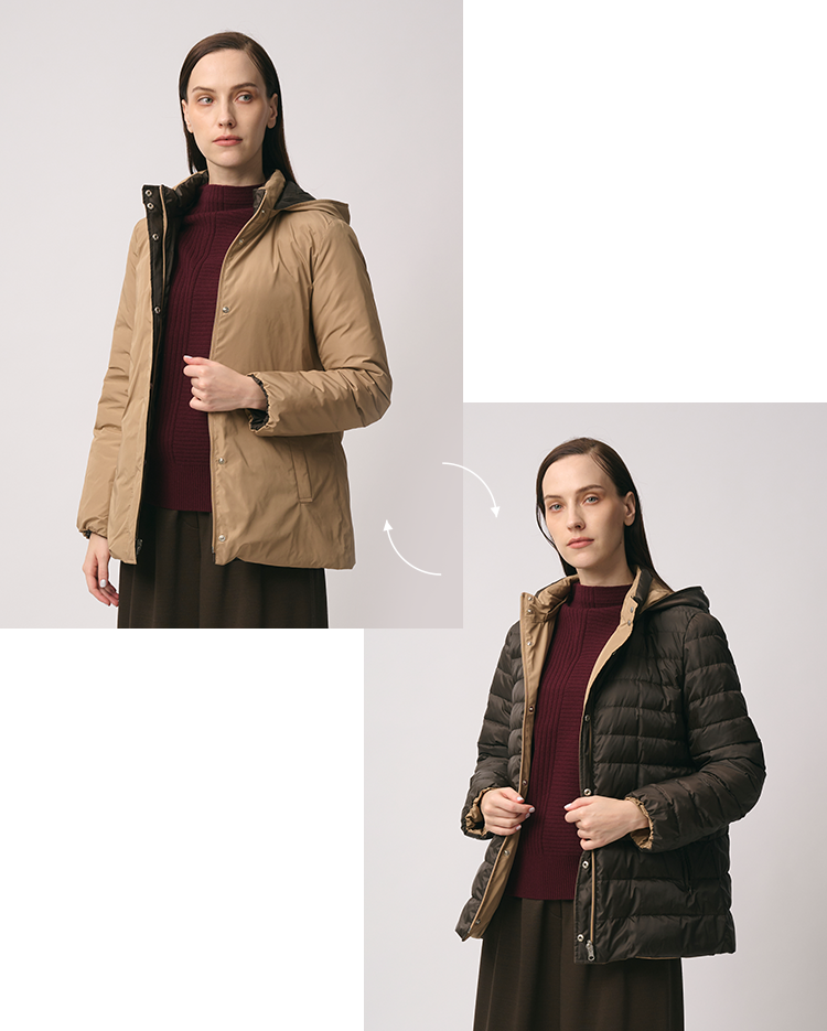 表がベージュ、裏がブラウンのリバーシブルダウンコート