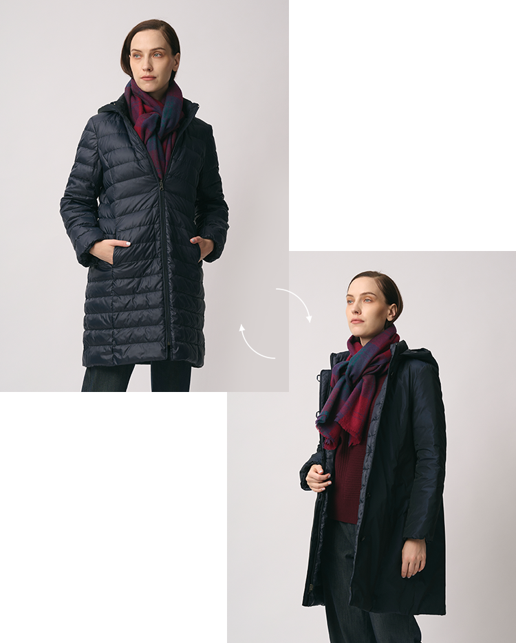 表と裏で印象が異なるネイビーのリバーシブルダウンコート