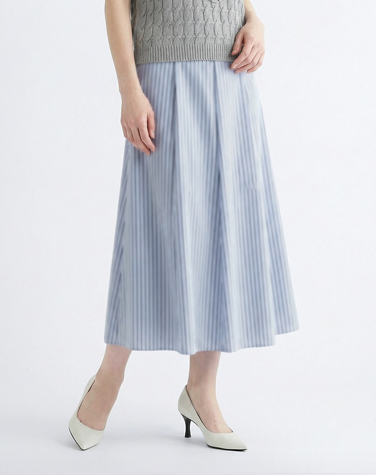 ブルーのストライプのスカートを身に着けた女性