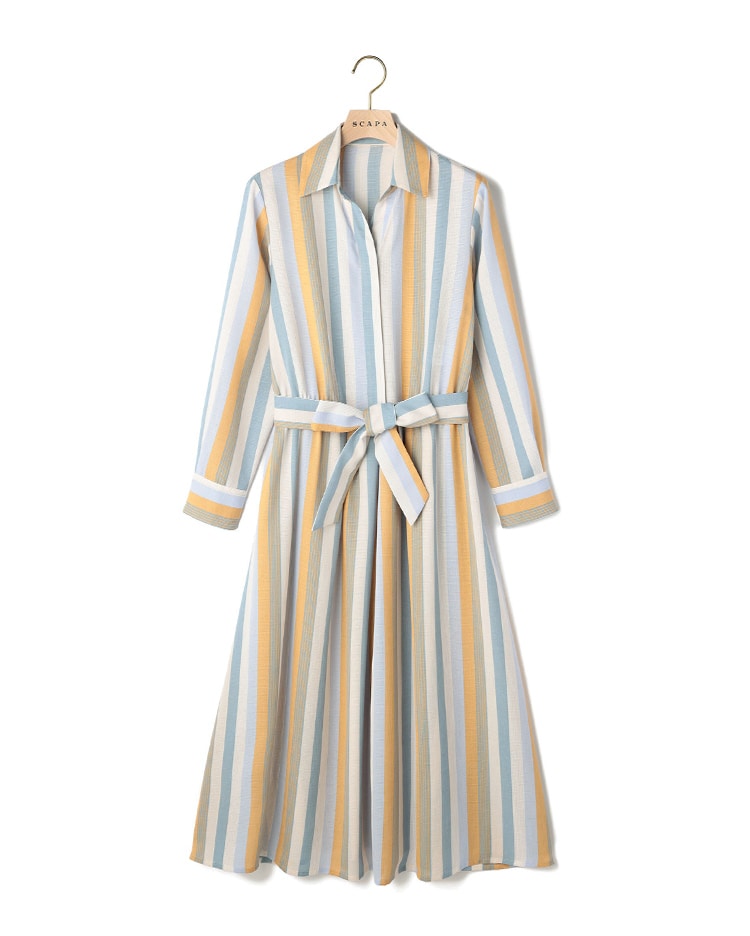 ブルーとオレンジのストライプのシャツワンピース