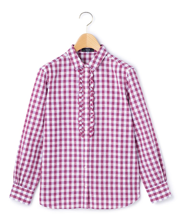 パープルのギンガムブラウス