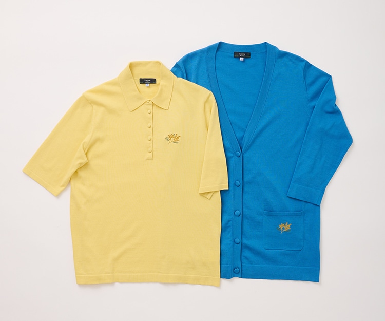 ミモザの刺繍ワンポイントのニットアイテム