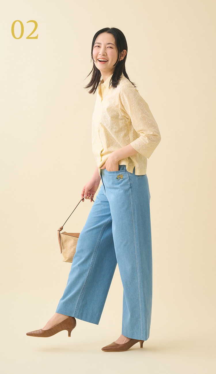 ミモザ柄の刺繍のブラウスを使用したスタイリング