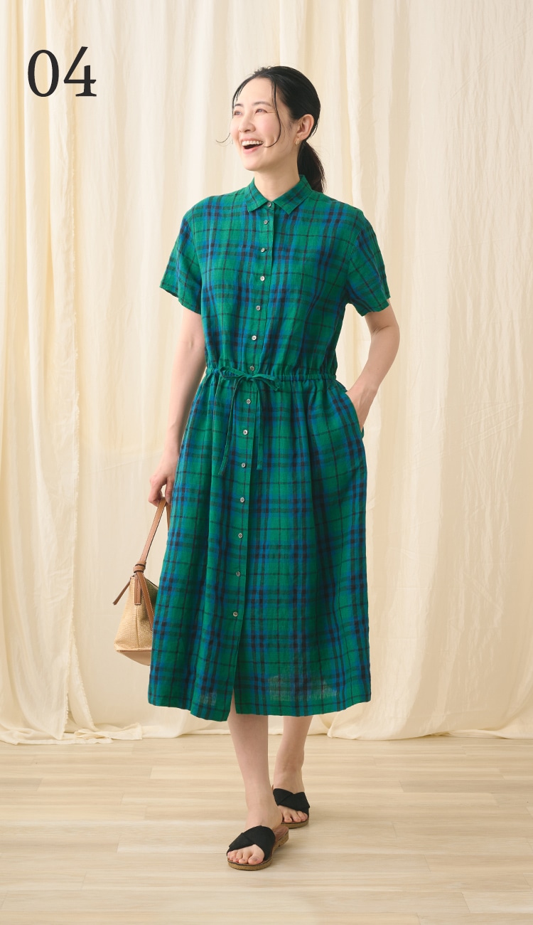 リネンキースチェックワンピースを使用したスタイリング