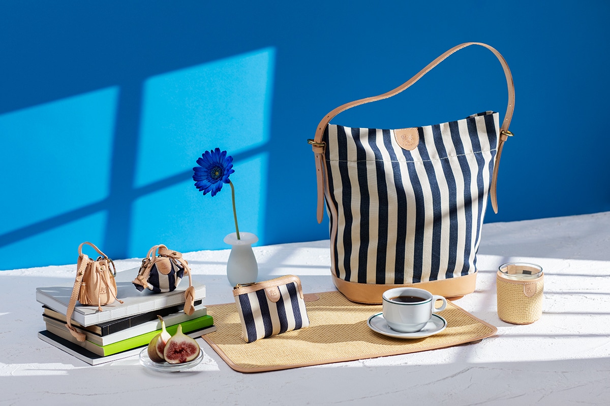 ストライプキャンバスを使ったバケットバッグやキーチャーム