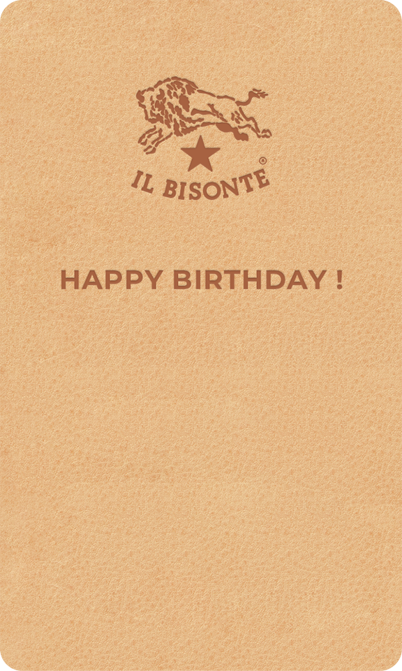 IL BISONTEのロゴの下にHAPPY BIRTHDAYと書かれた、レザー背景のメッセージカード