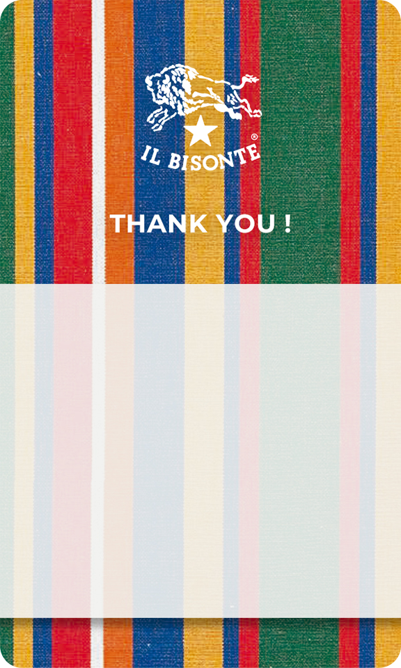 IL BISONTEのロゴの下にTHANK YOUと書かれた、カラフルなメッセージカード