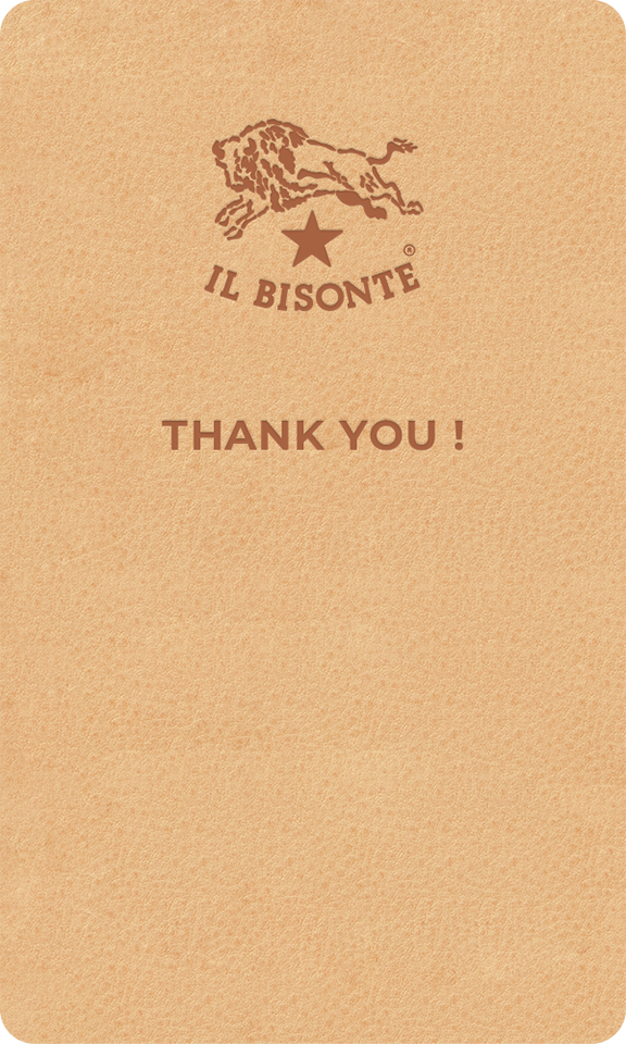 IL BISONTEのロゴの下にTHANK YOUと書かれた、レザー背景のメッセージカード