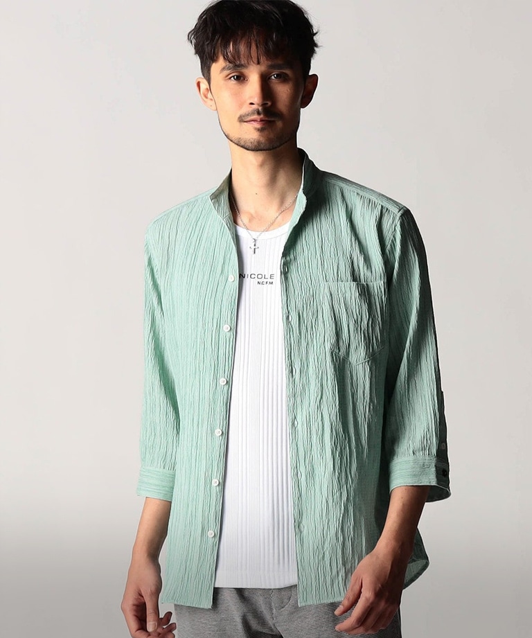 カラープリーツ7分袖スタンドカラーシャツ / NICOLE CLUB FOR MEN