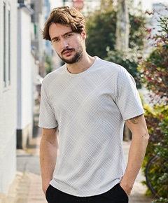 バイアスブリスターチェックジャカード クルーネック半袖プルオーバー