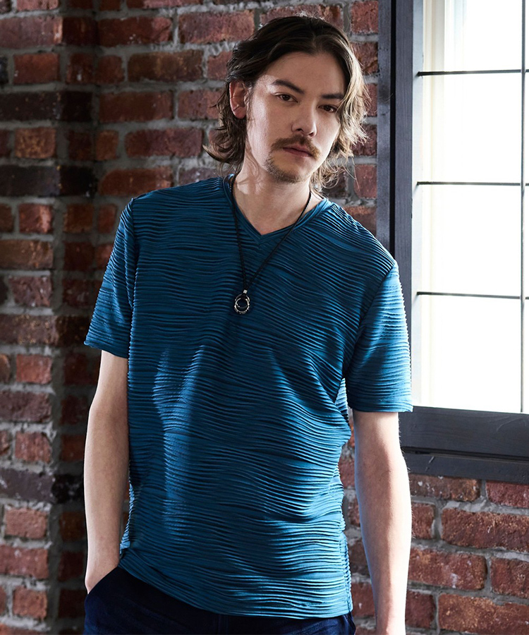 ウェーブタックジャカードVネック半袖プルオーバー